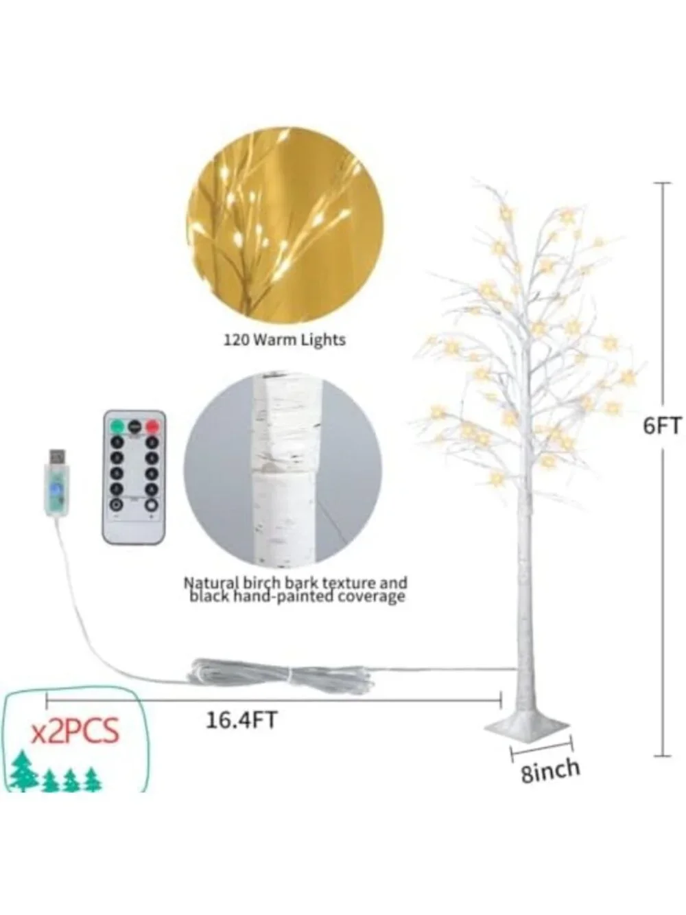 2 Pack 6 Ft Warm White LED Birch Tree Lights - Twinkling Holiday Decor for